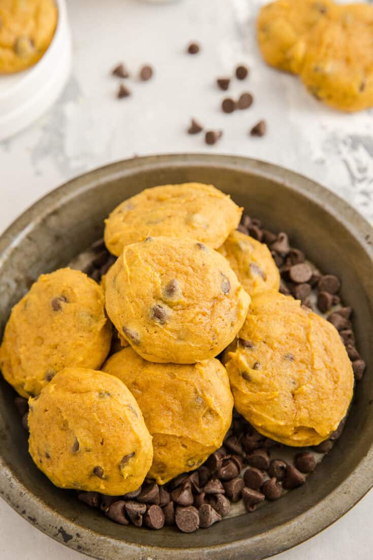 pumpkin chocolate chip cookies on a tin
