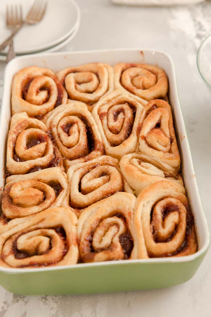 just baked cinnamon rolls in a baking dish