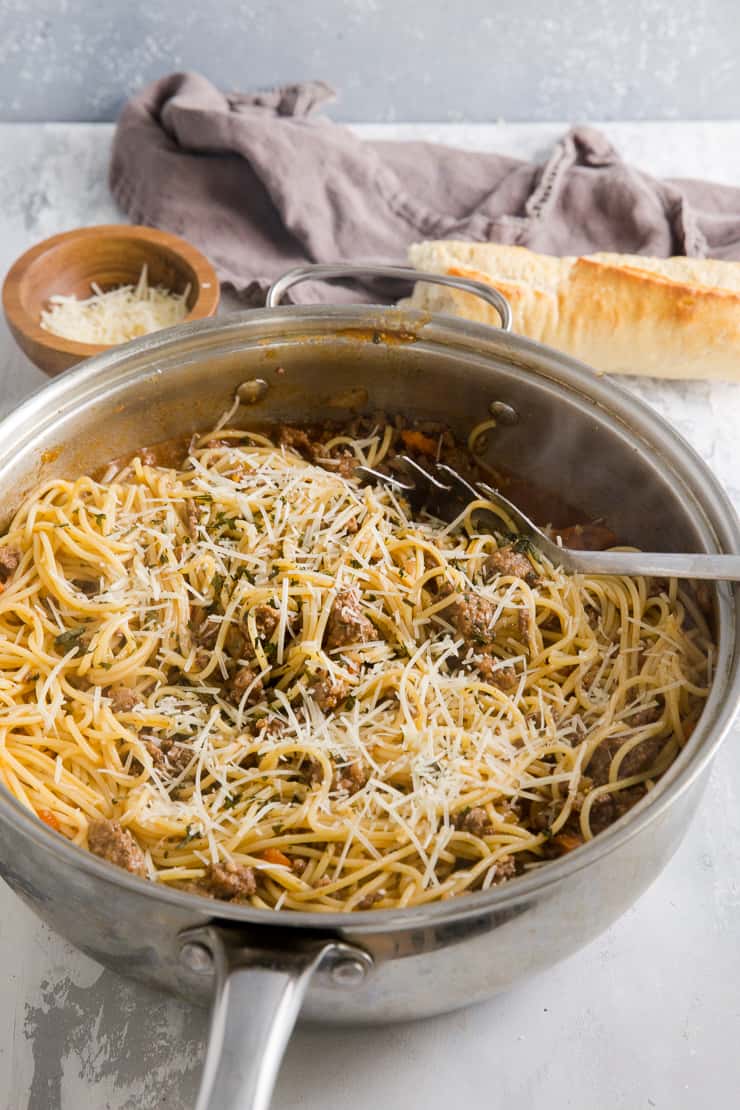 ragu and spaghetti with utensil
