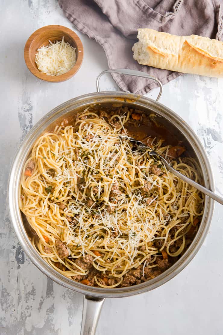 ragu sauce with pasta in a saucepan