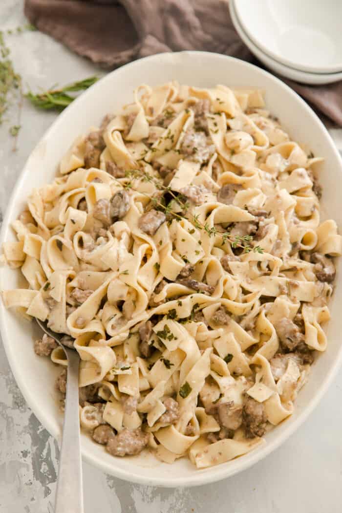 beef stroganoff with a serving spoon