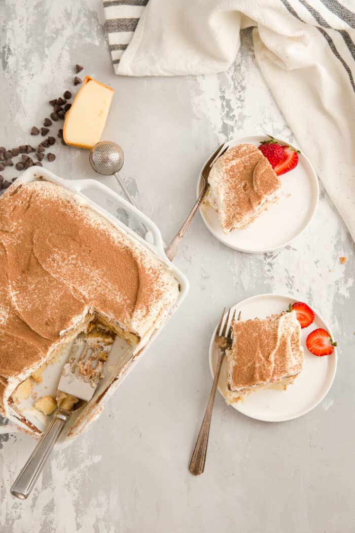 Tiramisu with two slices on the side