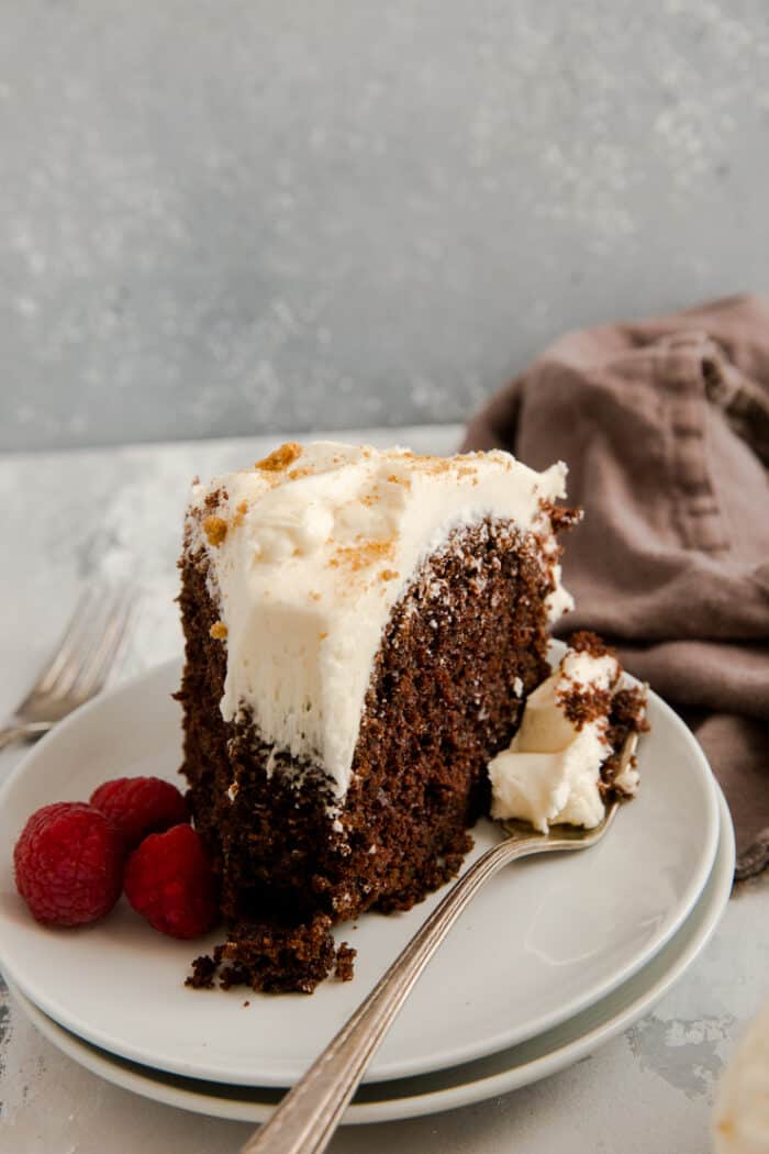slice of gingerbread cake with fork on the side