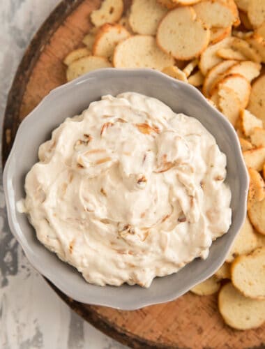 onion dip in a gray bowl