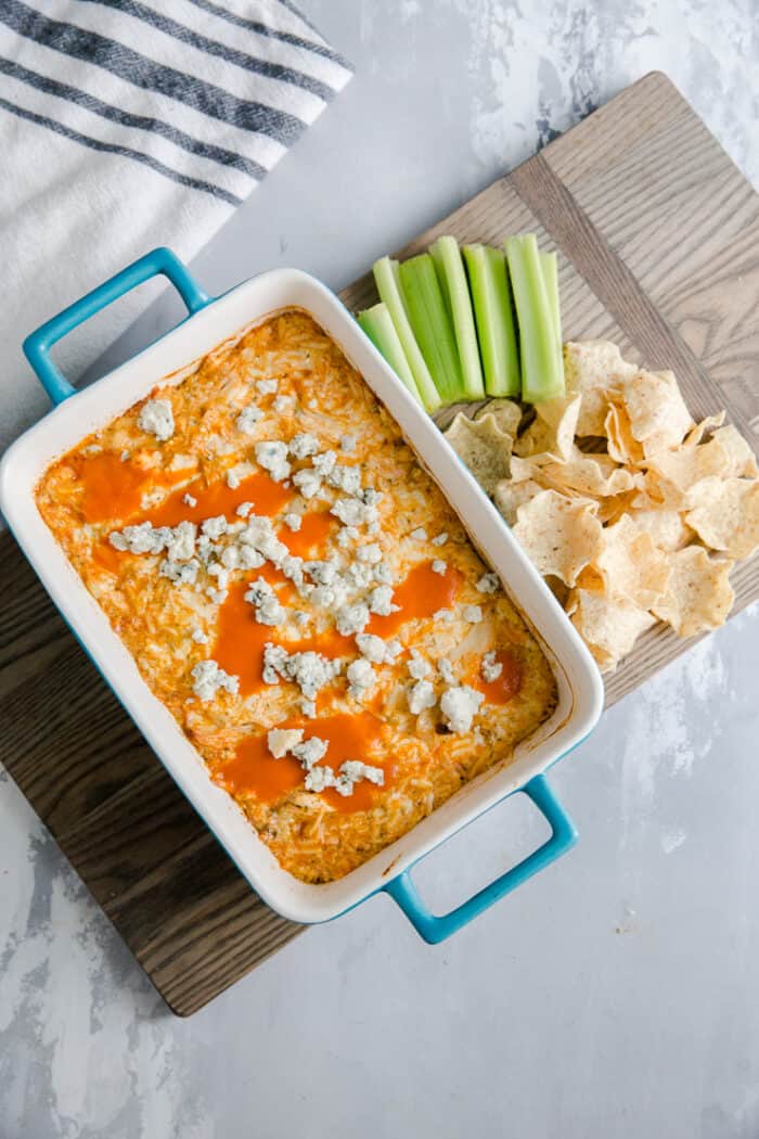 buffalo chicken dip with chips on the side
