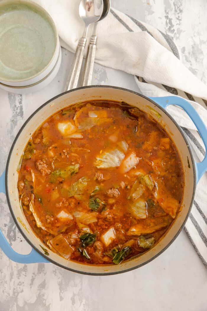 cabbage roll soup in a Dutch oven