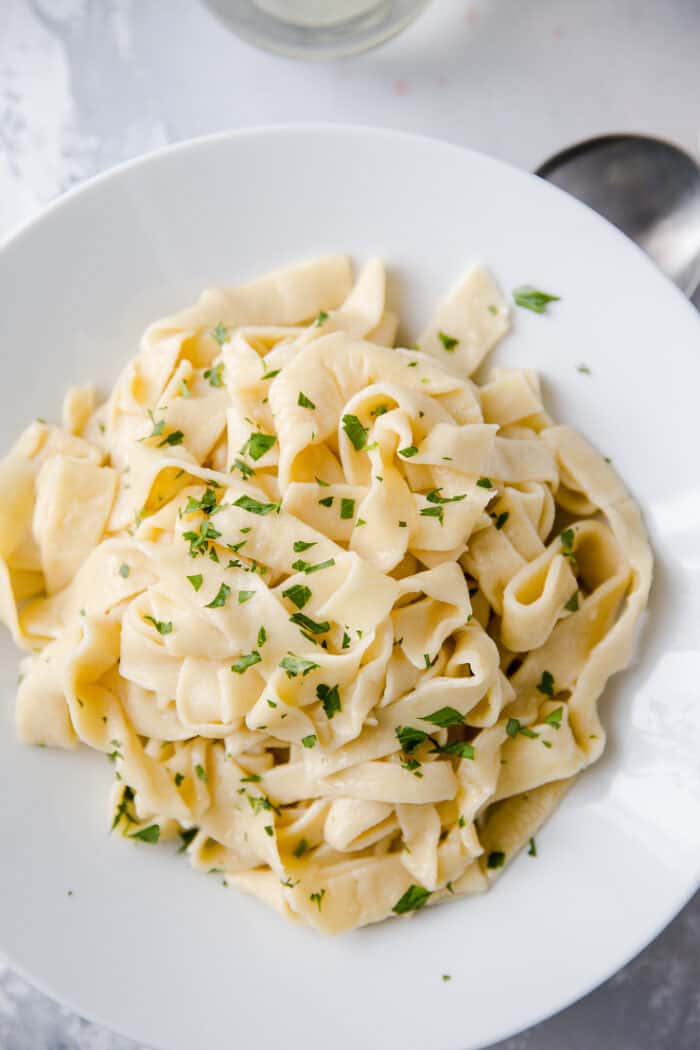 homemade pasta recipe in a white bowl