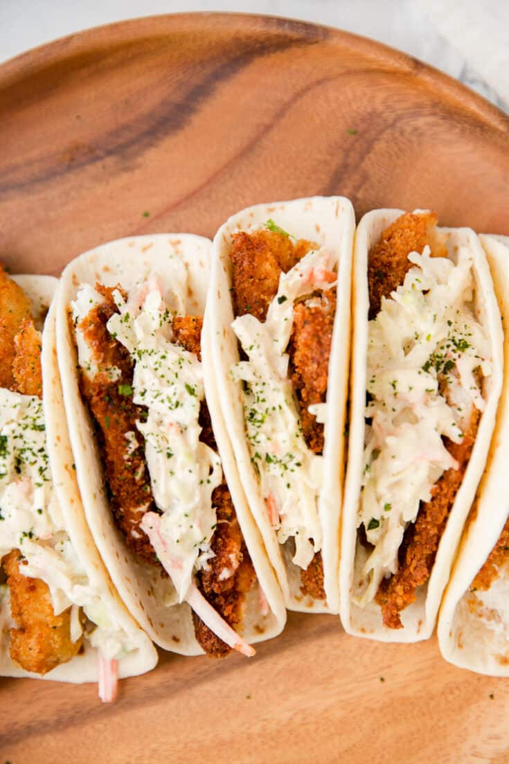 close up of 3 fish tacos