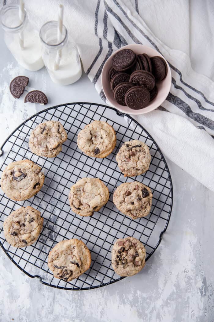 cookies and cream cookies arranged on a round baking rack