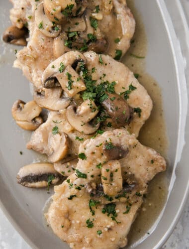 veal marsala on a gray plate