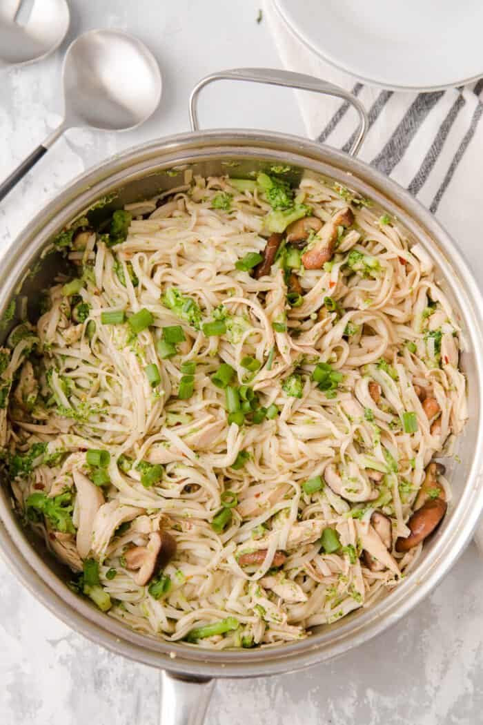 chicken chow mein in a large deep skillet
