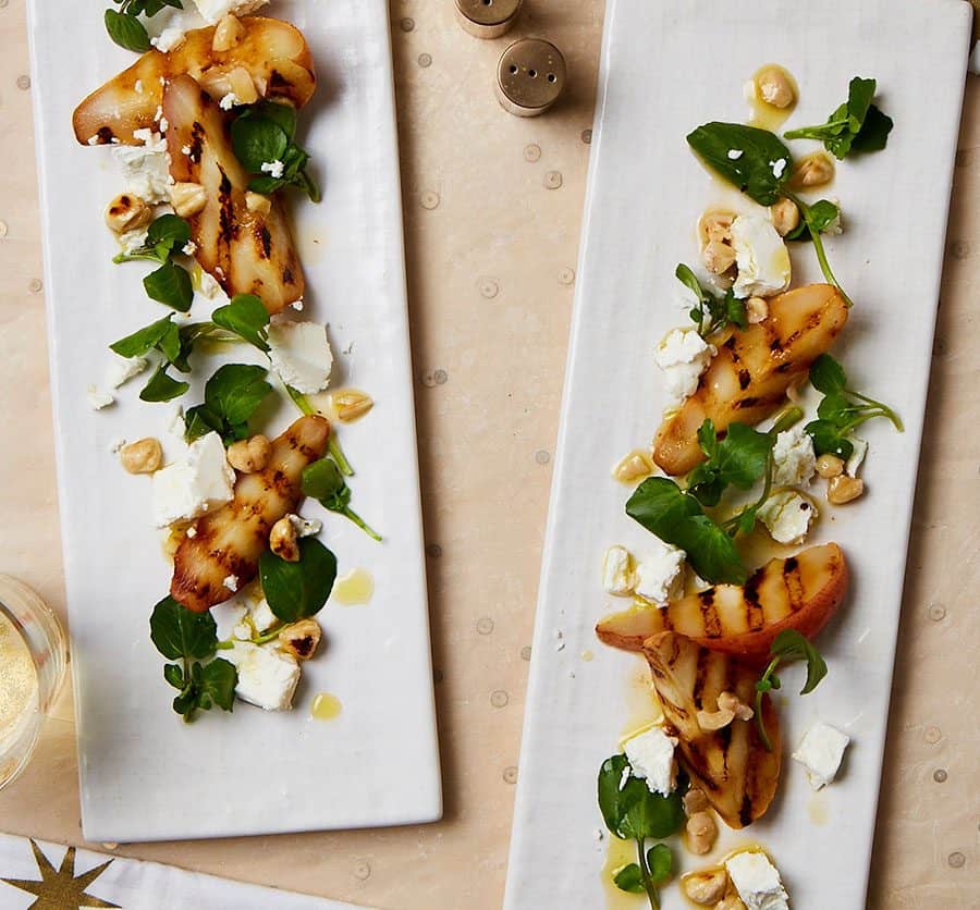 Griddled pears with goat's cheese & hazelnut dressing