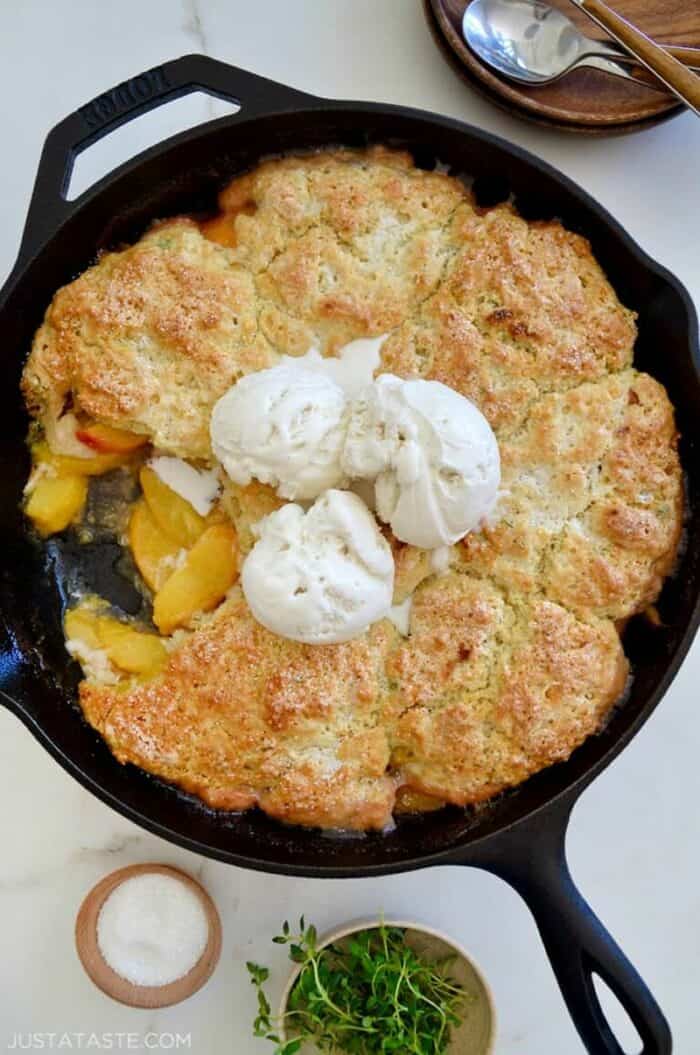 Peach Cobbler with Buttermilk Biscuits and Fresh Thyme