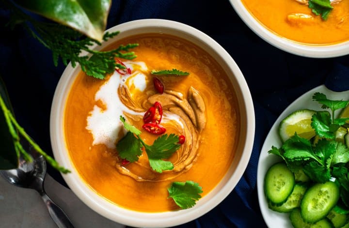 Red Curry Sweet Potato Soup with Peanut Butter Swirl