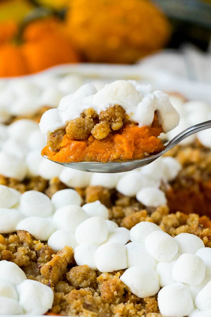 Sweet Potato Casserole With Pecans and Marshmallows