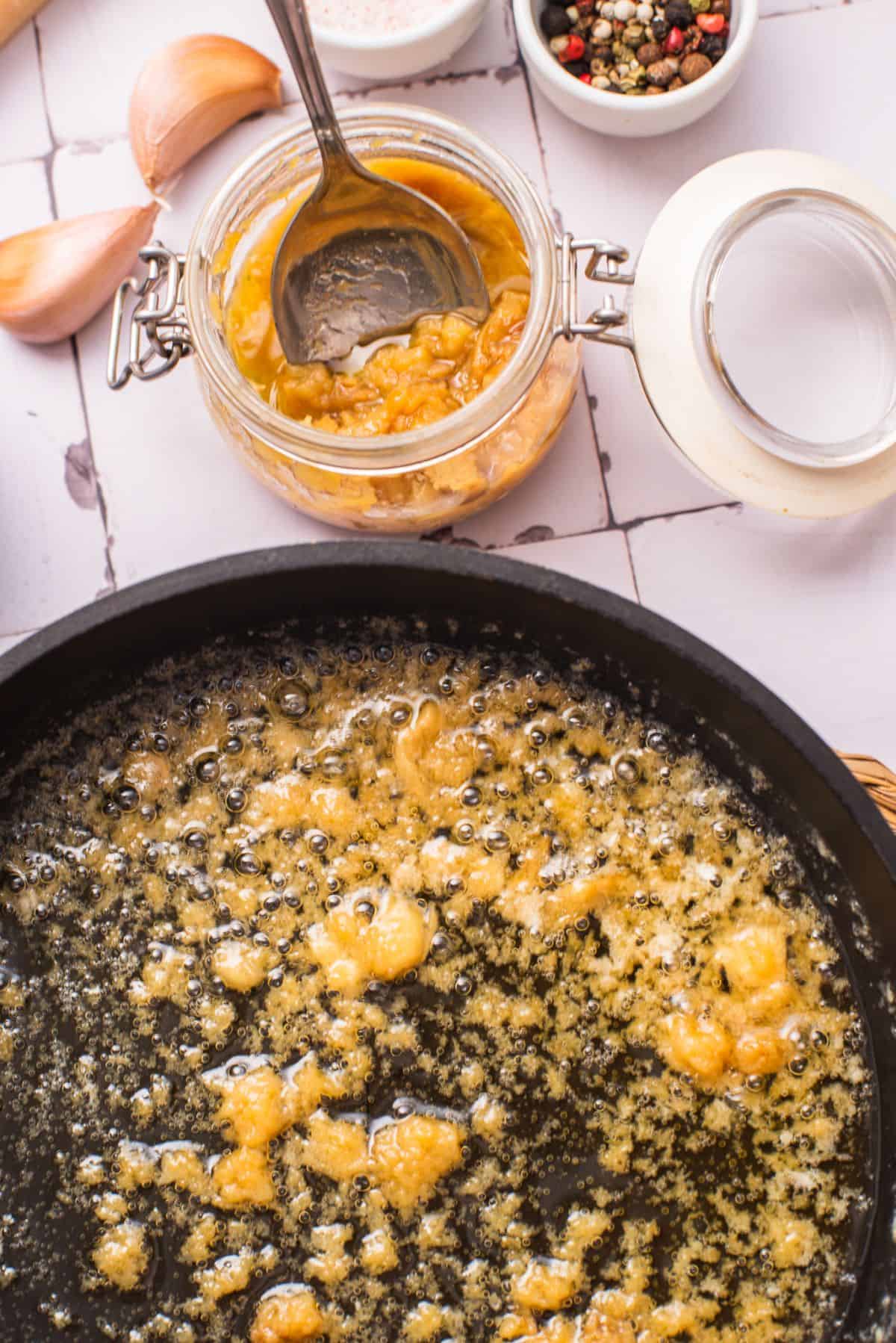 butter and garlic paste frying pan