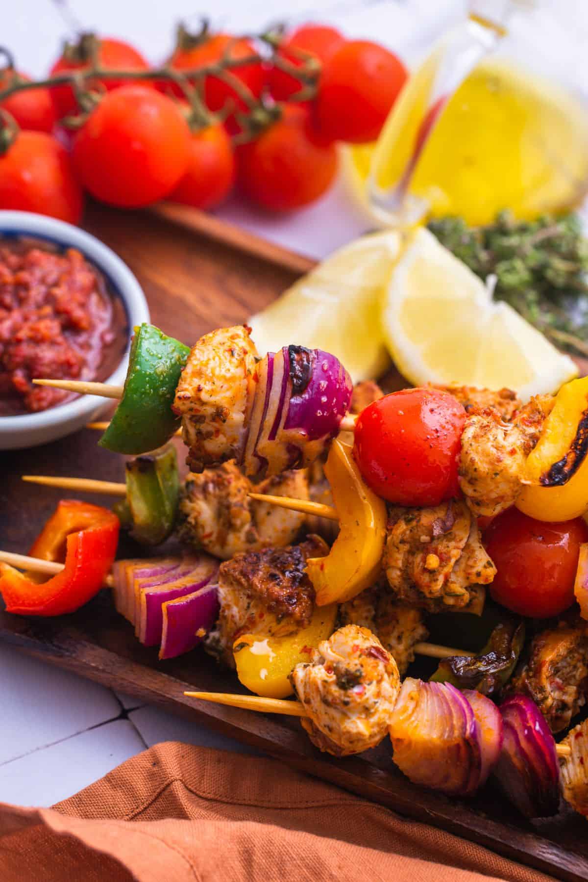 cooked chicken and veggies on skewers