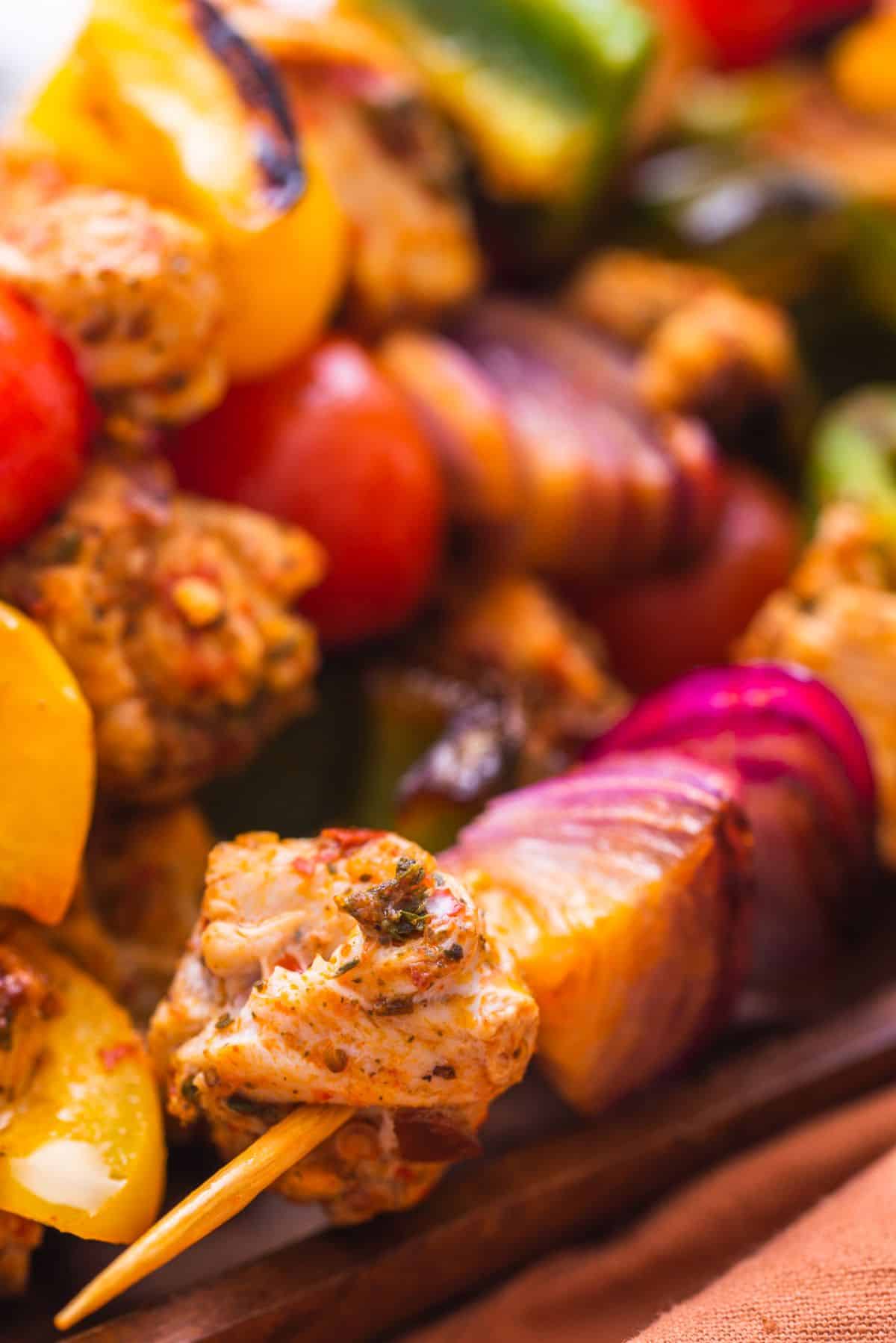 grilled chicken and vegetables on skewers