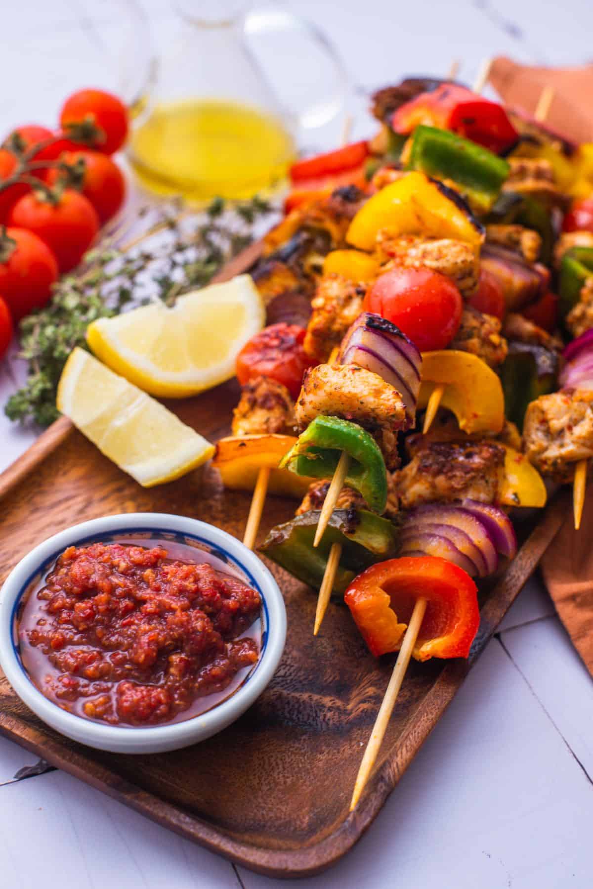 Chicken and veggies grilled on skewers with harissa paste