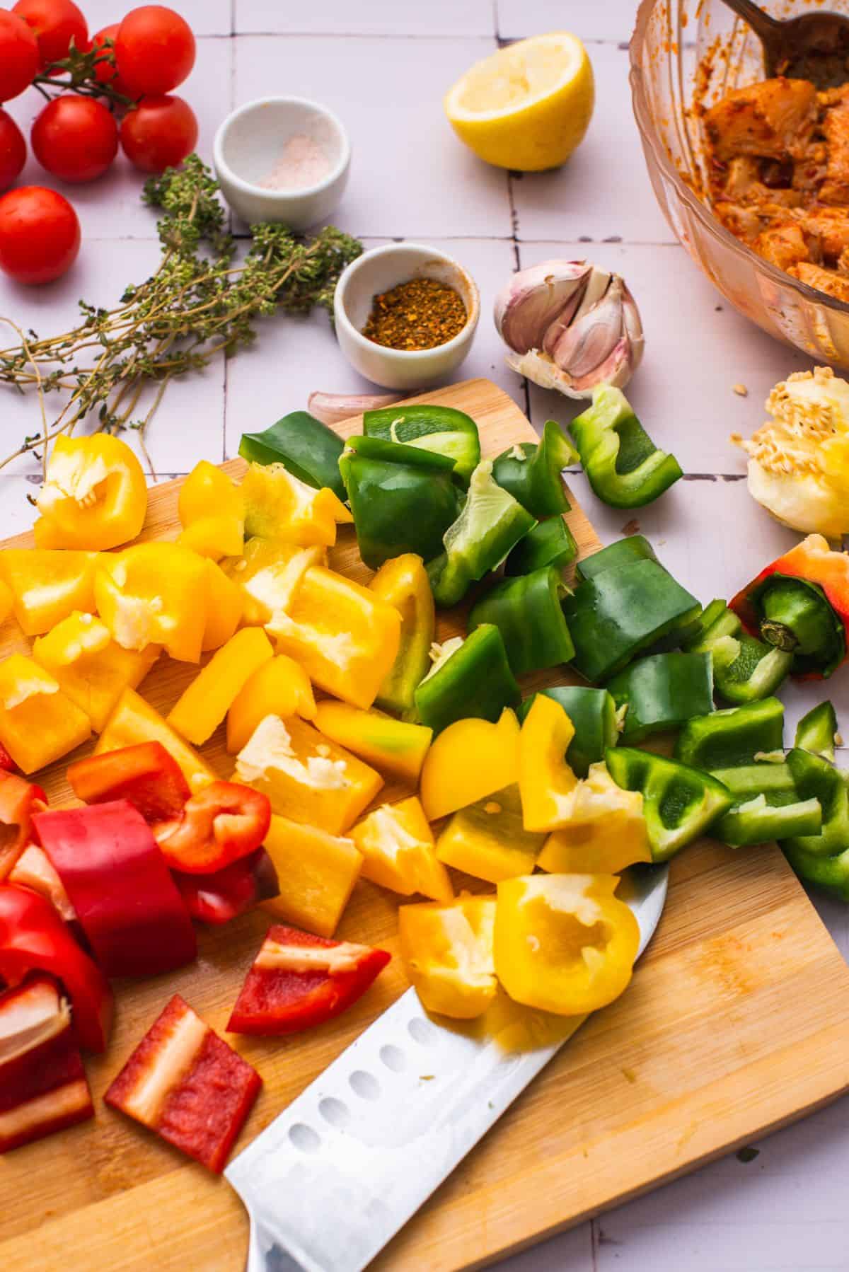 chopped red, green, and yellow peppers