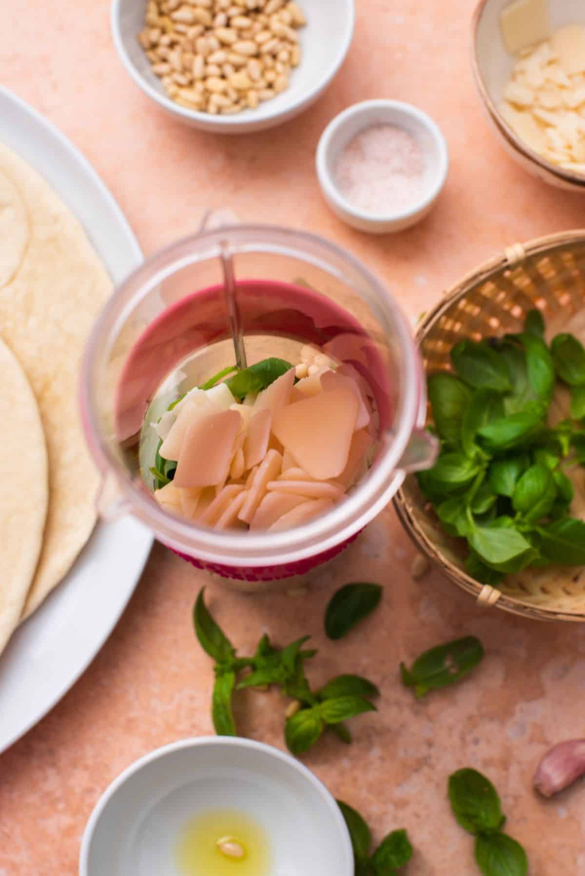 parmesan and basil in food processor