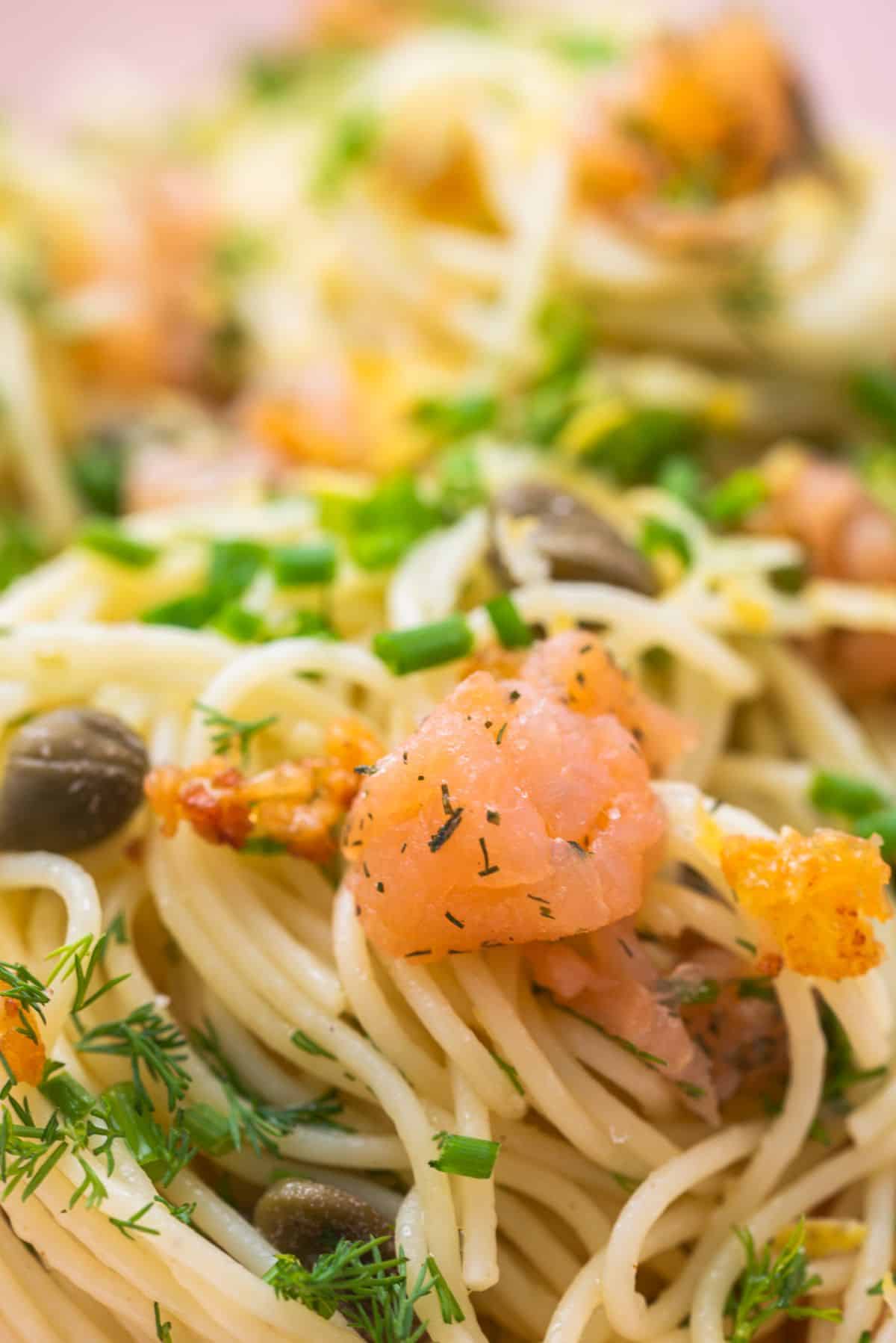 close up of pasta with salmon