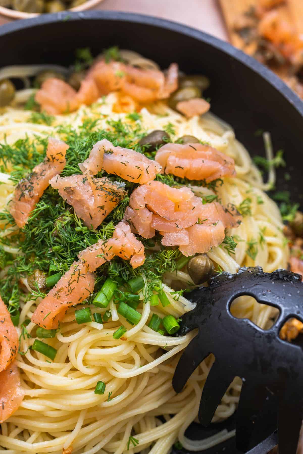 pasta noodle and salmon and capers