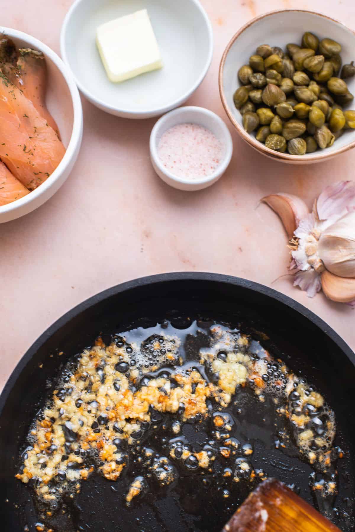 melted garlic and butter in a pan