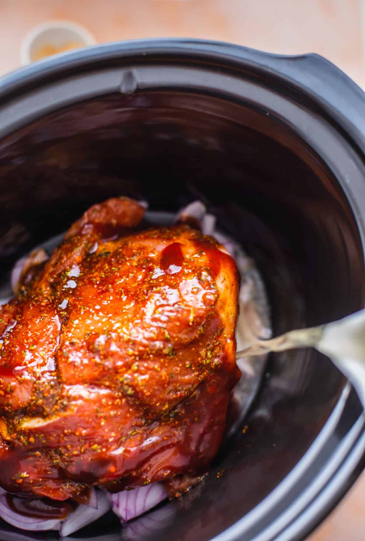 pour stock over marinated roast